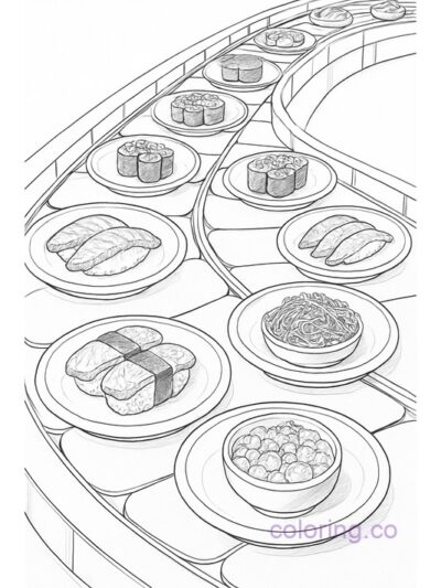 Realistic Sushi Conveyor Belt Coloring Page
