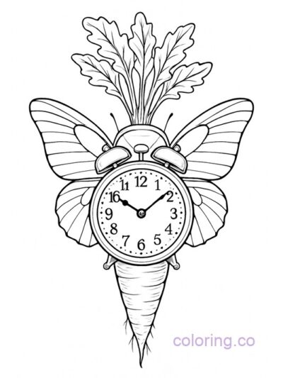 Surreal Carrot Clock Butterfly Coloring Page