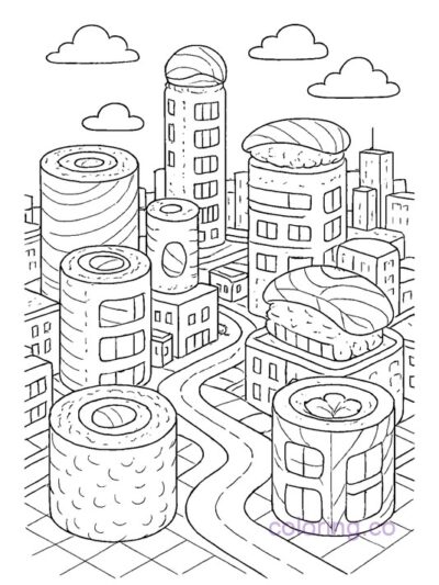 Surreal Sushi Cityscape Coloring Page