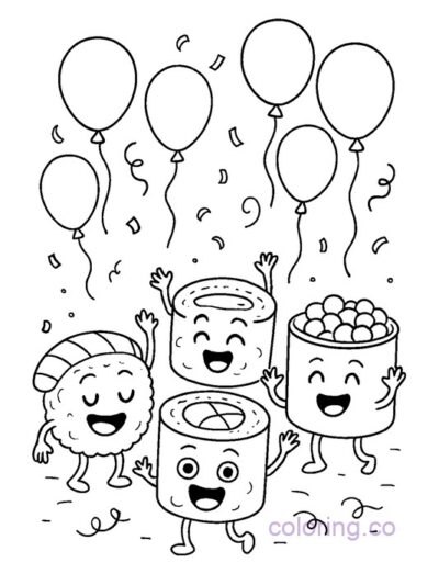 Sushi Party with Balloons Coloring Page