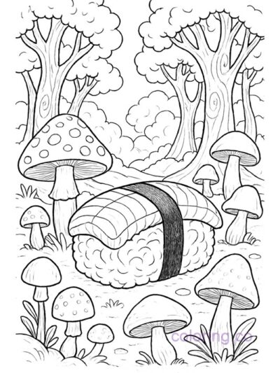 Sushi Adventure in a Magical Forest Coloring Page