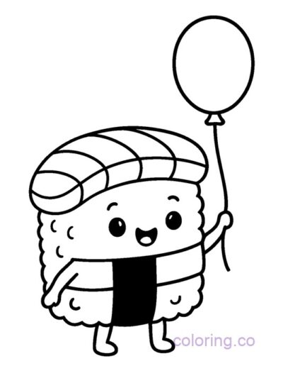 Adorable Sushi with Balloon Coloring Page