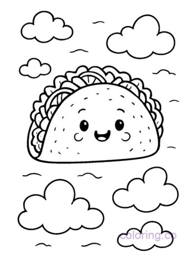Cute Taco and Clouds Coloring Page