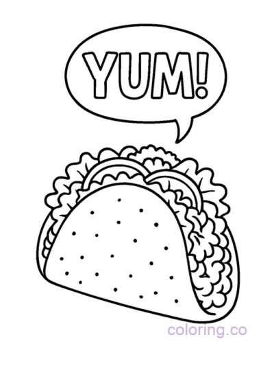 Taco Coloring Page with Fun "Yum" Bubble