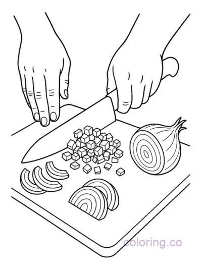 Fun Kids' Coloring Page: Chopping Onions Scene