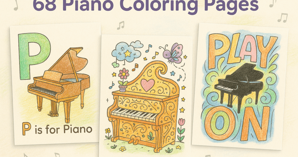 featured image for a '68 Piano Coloring Pages' collection, featuring three colored designs: a 'P is for Piano' alphabet page, a whimsical upright piano with a heart and butterfly, and a bold word art page with the phrase 'PLAY ON' and a black grand piano, set against a soft background with floating music notes.