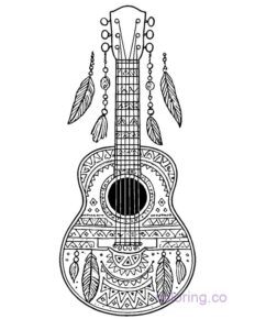 Boho Guitar with Feathers Coloring Page