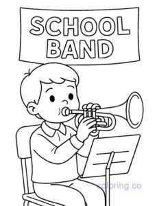 Child Playing Trumpet in School Band Coloring Page