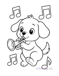 Cute Puppy Playing Trumpet Coloring Page