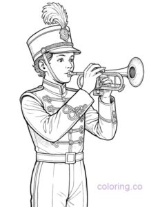 Teen Playing Trumpet in Marching Band Uniform Coloring Page
