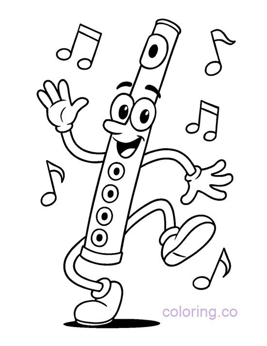 Silly Dancing Flute character with music notes coloring page for kids