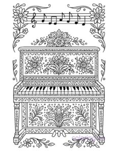 Folk Art Piano and Music Staff Coloring Page