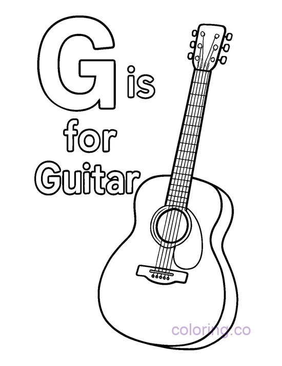 G is for guitar kids alphabet coloring activity