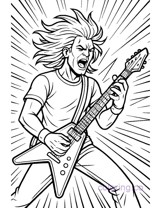 Rockin' Guitar Hero with big hair and flying v guitar coloring page