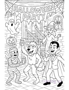 halloween party in a haunted house coloring page