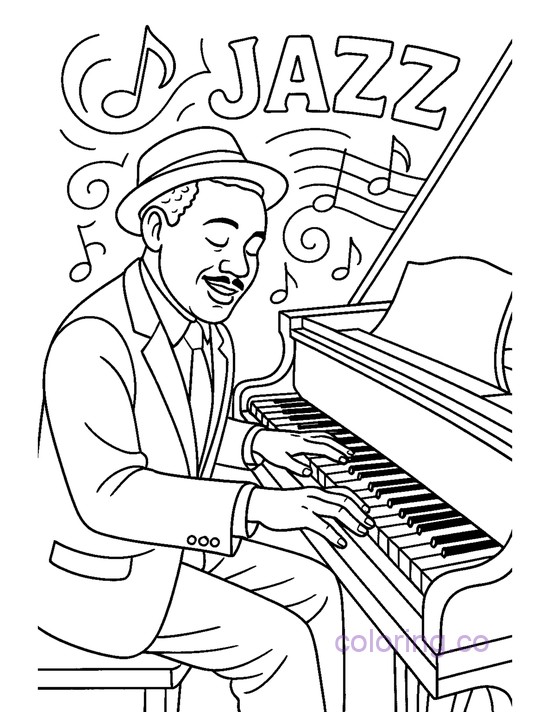 coloring page showing a Jazz Piano Player with the word jazz and music notes above him
