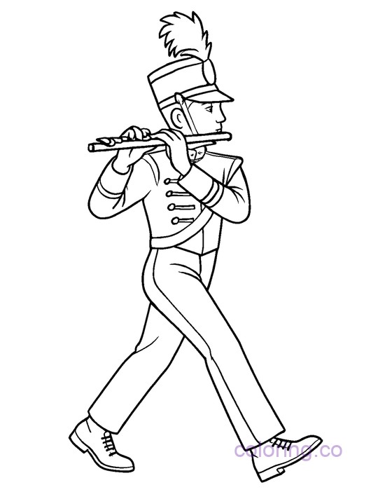 person in Marching band playing the flute, a coloring page with simple and bold lines
