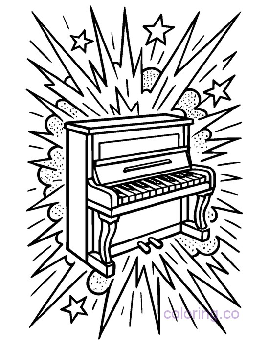 coloring page of a Pop Art Style Piano with stars and textured shapes