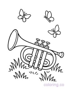 Trumpet and Butterflies Coloring Page