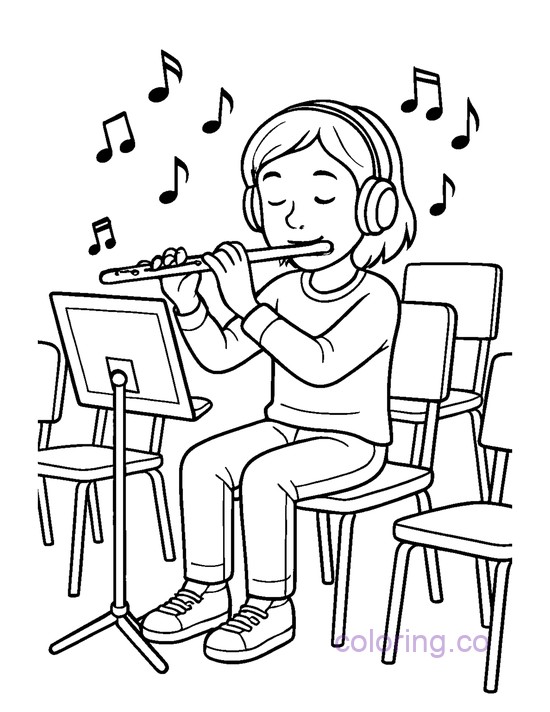 Student Playing Flute in a class room with a music stand coloring sheet