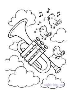 Musical Trumpet and Singing Birds Coloring Page
