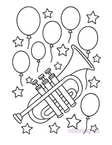 Trumpet with Balloons & Stars Coloring Page