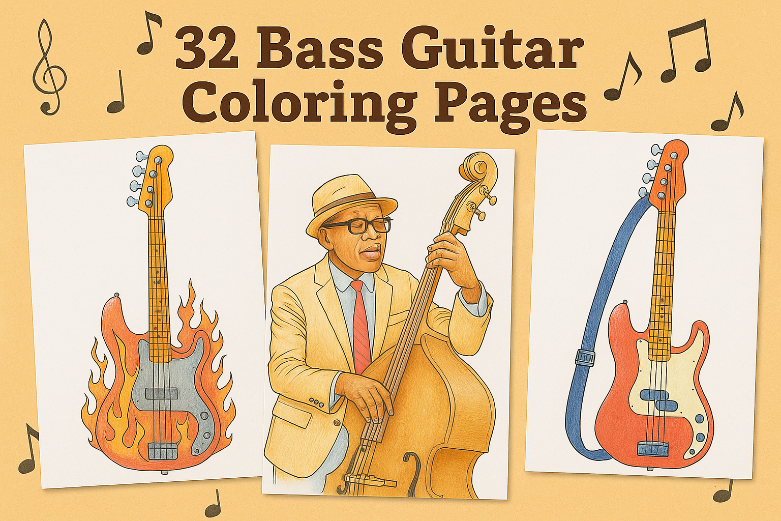 header image for a '32 Bass Guitar Coloring Pages' collection, featuring three illustrated examples: a flaming red electric bass, a jazz musician playing an upright bass in a tan suit and fedora, and a red electric bass with a blue strap, all set against a warm orange background with floating music notes and symbols.