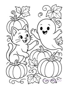 black cat and ghost play in a pumpkin patch coloring page