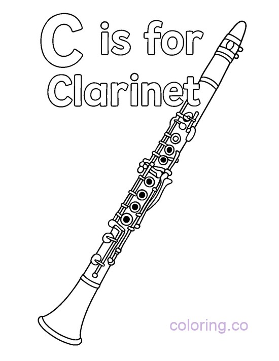 'C is for Clarinet' alphabet learning clarinet coloring page for kids