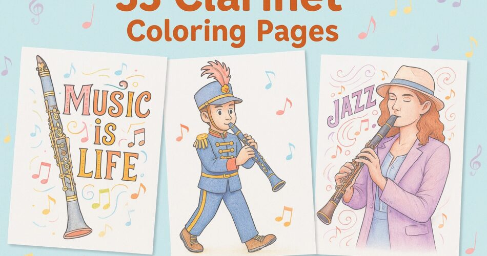 Featured image for 33 Clarinet Coloring Pages showing three examples: a clarinet beside the phrase ‘Music is Life,’ a marching band member playing clarinet, and a jazz musician performing under the word ‘Jazz.’