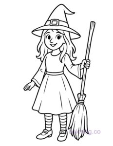 girl in classic witch costume coloring page