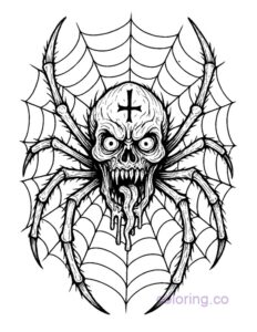 Creepy Possessed Spider in web coloring page