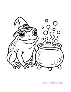 frog with witch hat by a bubbling cauldron coloring page