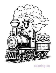 ghost driving train with pumpkin passengers coloring page
