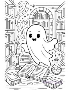 ghost in a magical library making a potion coloring page