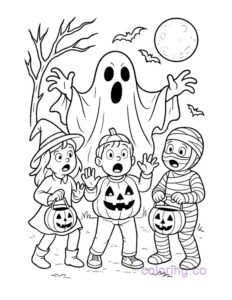 ghost scaring trick or treaters coloring page