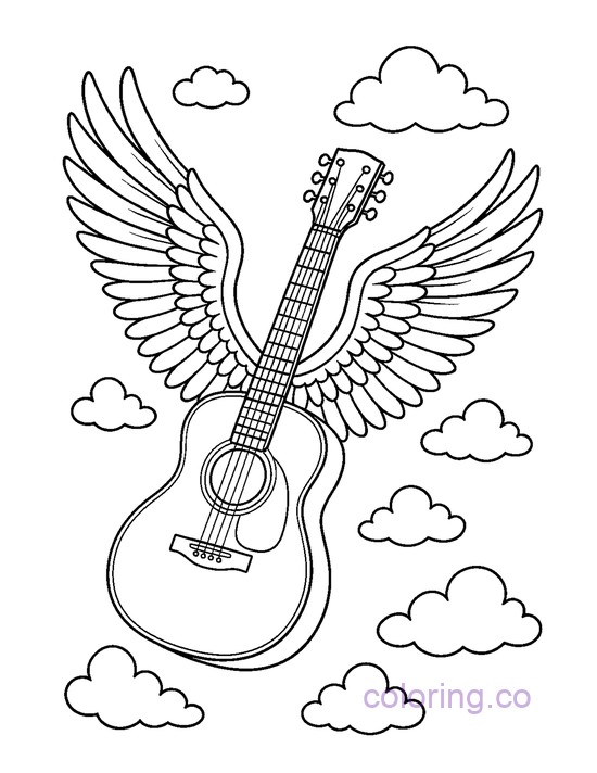 Winged Guitar Soars Among Clouds
