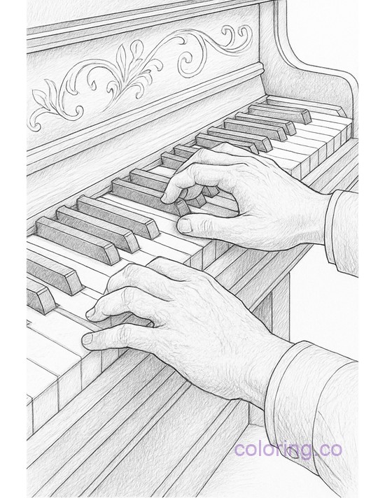 Intricate Piano playing Hands with light shading coloring page for adults
