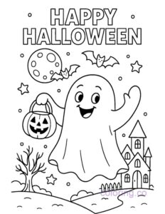 Happy halloween ghost trick or treat coloring page