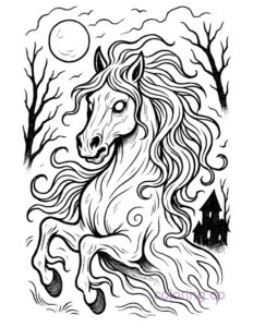 haunted horse with moon and trees coloring page