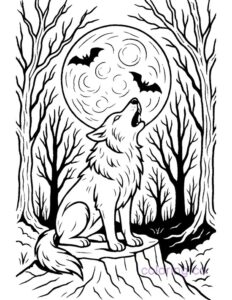 howling wolf on Halloween night coloring page
