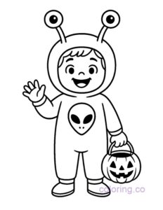 kid waving hi in alien costume with trick-or-treat bucket