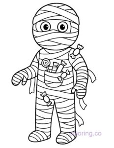 mummy with candy falling out of his pockets coloring page