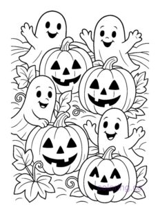 playful ghosts in pumpkin patch coloring page