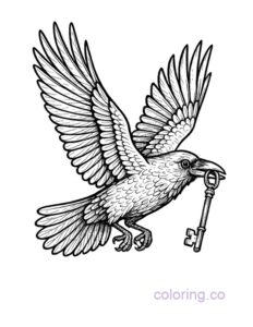 raven holding a skeleton key in its mouth coloring page