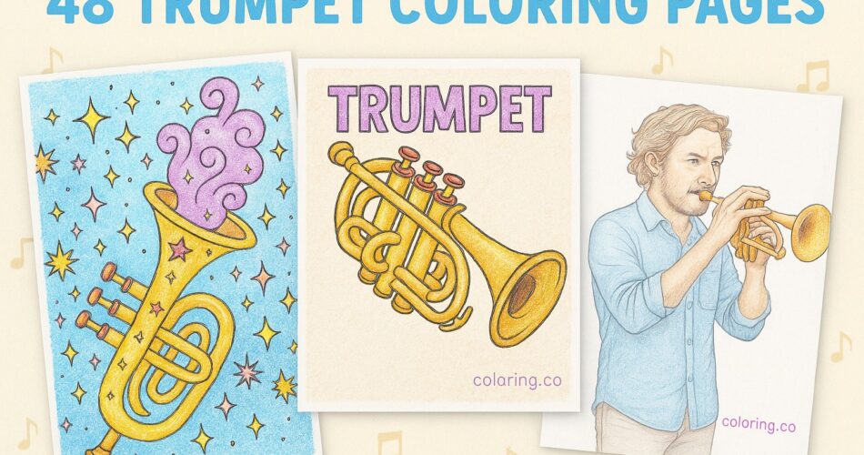 Cover image for a '48 Trumpet Coloring Pages' collection, featuring three illustrated designs: a magical trumpet with stars and purple swirls, a labeled trumpet page with bold text, and a realistic portrait of a man playing the trumpet, set against a soft beige background with floating music notes.