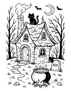 a witch's haunted cottage with a bubbling cauldron out front