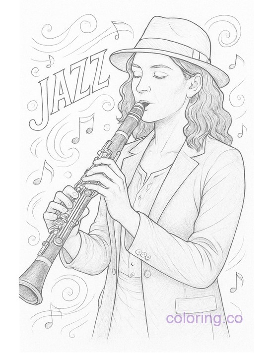 woman playing Jazz Clarinet coloring page with light shading and detail