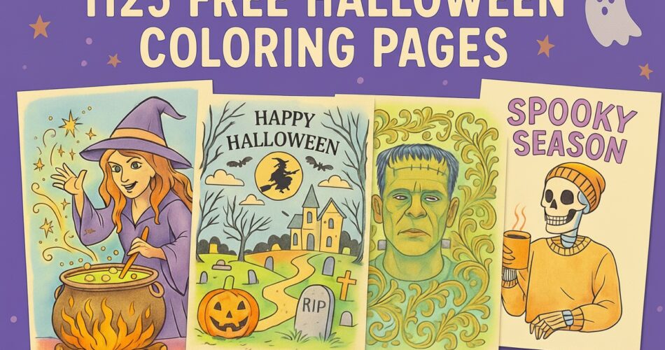 Featured image for 1125 free Halloween coloring pages hub, showing a witch stirring a cauldron, a haunted graveyard with 'Happy Halloween,' Frankenstein portrait, and a skeleton with 'Spooky Season' mug, free printable PDFs