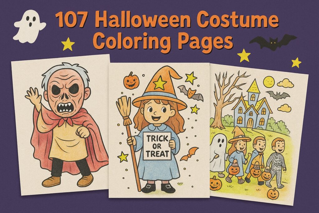 Halloween costume designs featuring a vampire with a cape, a young witch holding a Trick or Treat sign, and kids in costumes walking past a haunted house. free printable PDFs.